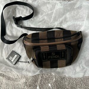 Fendi Brown and Black Striped Canvas Body Belt Bag Authenticated